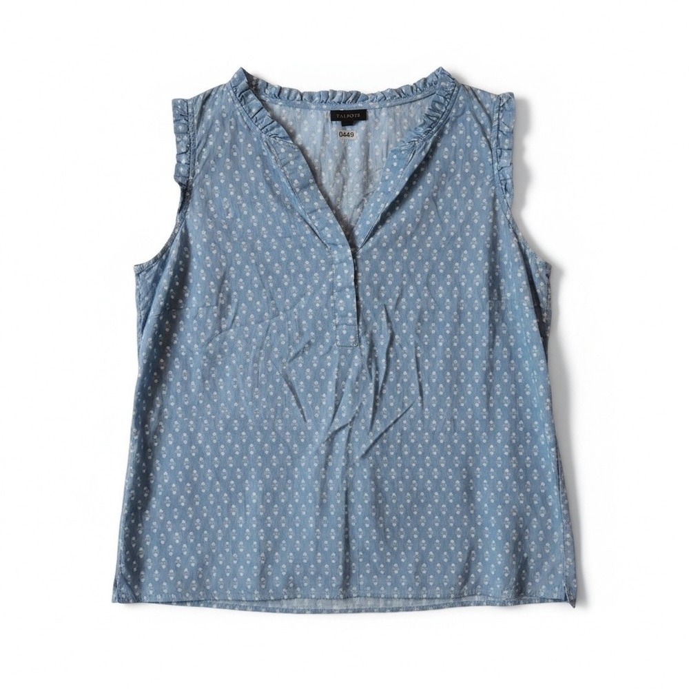 Talbots Sleeveless Blouse Womens M Blue Good Ruffle Neck Geometric Floral Top
